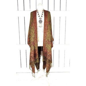 Burgundy paisley floral woven silk pashmina fringe kimono